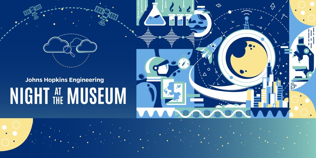 2024 Engineer's Week banner image with colorful imagery with museum exhibit graphics. White text with words, "Night at the Museum"